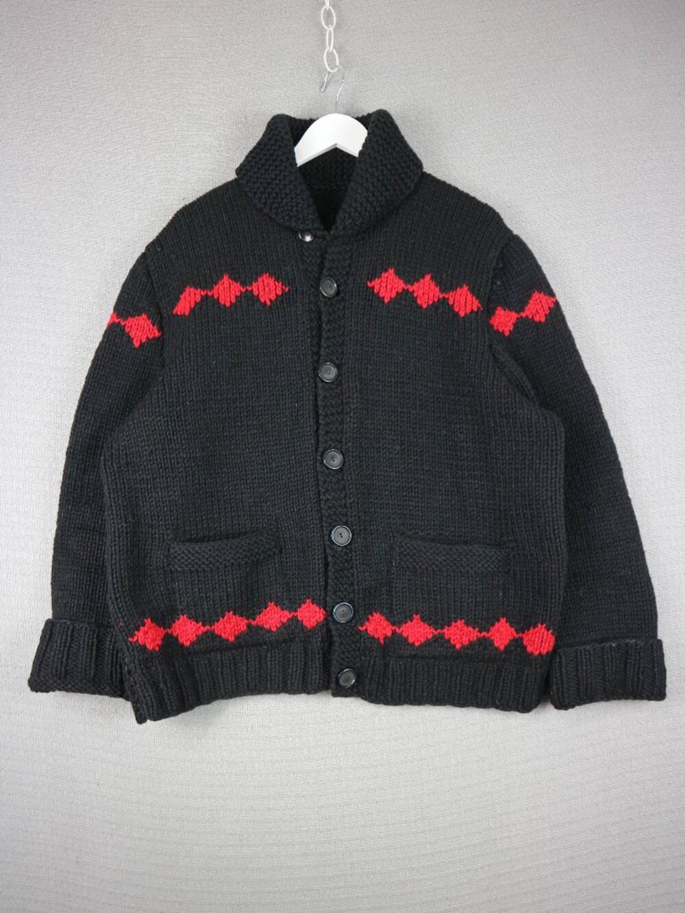 1990s Chunky Knit Cardigan Jacket home made Mens XL Diamond Pattern Black Red